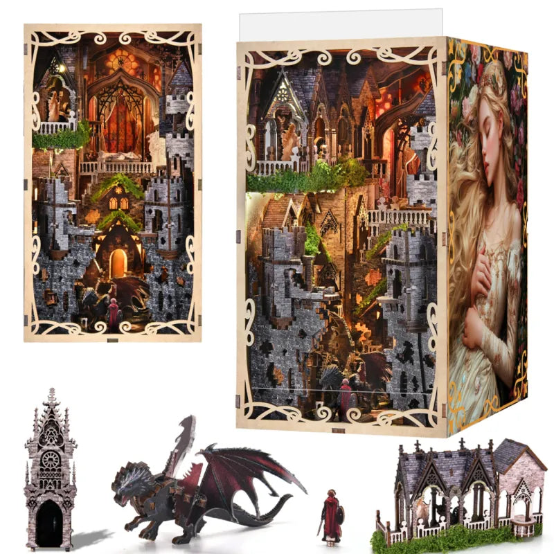 Book Nook - Sleeping Beauty, un kit créatif pour construire un diorama miniature. Parfait pour décorer une bibliothèque ou comme cadeau original pour un amoureux des livres. Par Nookette.