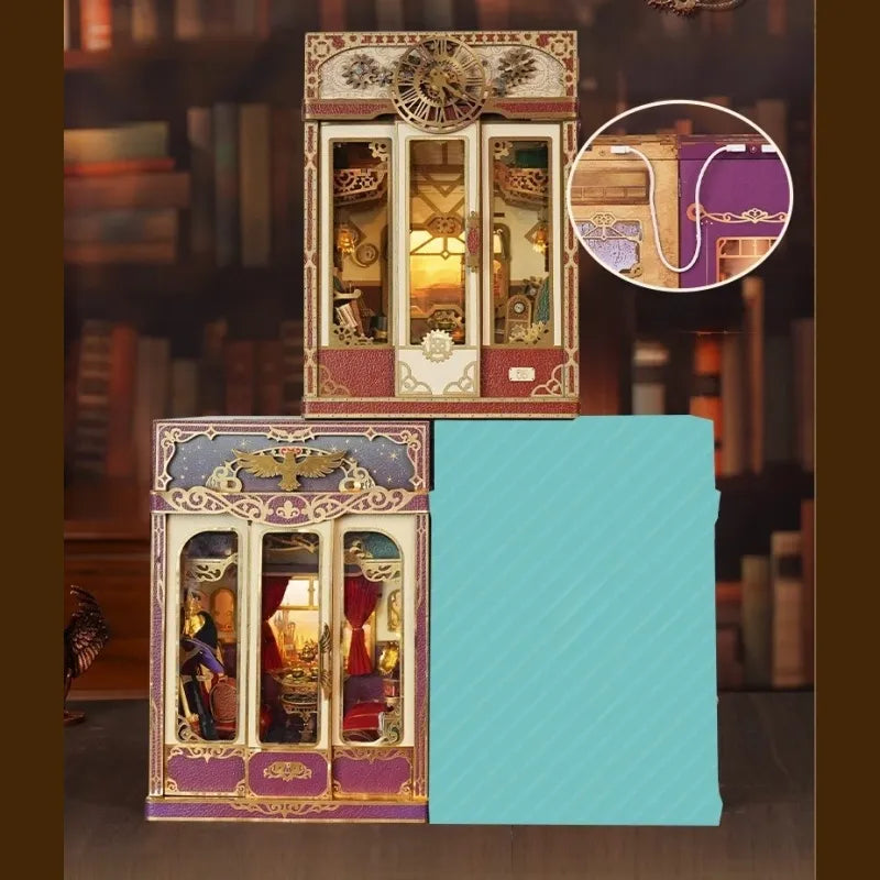 Book Nook - Steam Fantasy, un kit créatif pour construire un diorama miniature. Parfait pour décorer une bibliothèque ou comme cadeau original pour un amoureux des livres. Par Nookette.