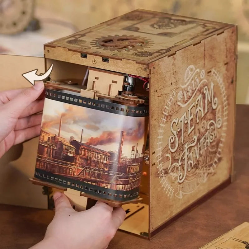 Book Nook - Steam Fantasy, un kit créatif pour construire un diorama miniature. Parfait pour décorer une bibliothèque ou comme cadeau original pour un amoureux des livres. Par Nookette.