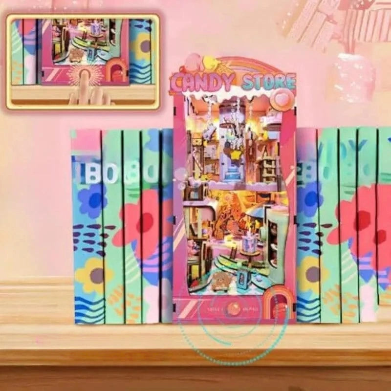 Book Nook - Sweetheart Story, un kit créatif pour construire un diorama miniature. Parfait pour décorer une bibliothèque ou comme cadeau original pour un amoureux des livres. Par Nookette.