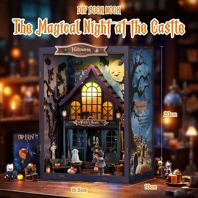 Book Nook - The Magical Night Of The Castle, un kit créatif pour construire un diorama miniature. Parfait pour décorer une bibliothèque ou comme cadeau original pour un amoureux des livres. Par Nookette.