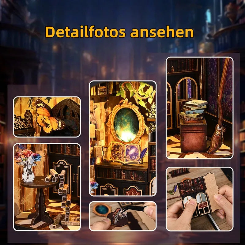 Book Nook - The Realm Of The Magic Book, un kit créatif pour construire un diorama miniature. Parfait pour décorer une bibliothèque ou comme cadeau original pour un amoureux des livres. Par Nookette.