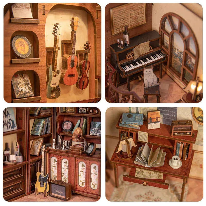 Booknook - The Secret Rhythm, un kit créatif pour construire un diorama miniature. Parfait pour décorer une bibliothèque ou comme cadeau original pour un amoureux des livres. Par Nookette.