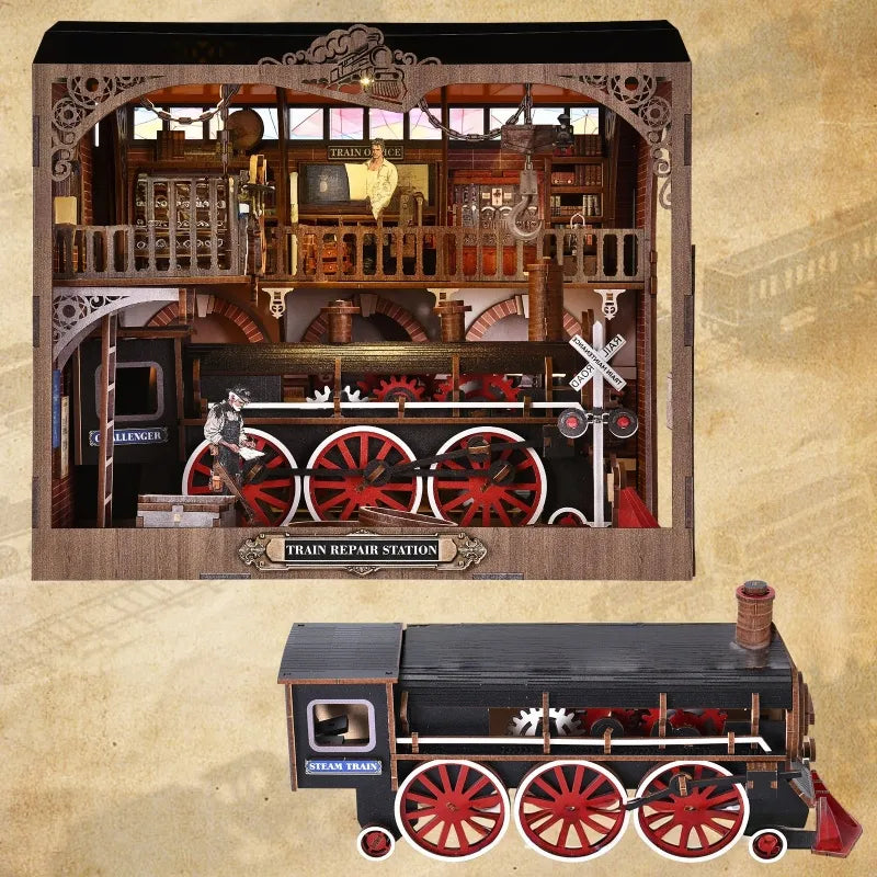 Gros plan du Book Nook - Train Repair Station avec des détails riches et impressionnants
