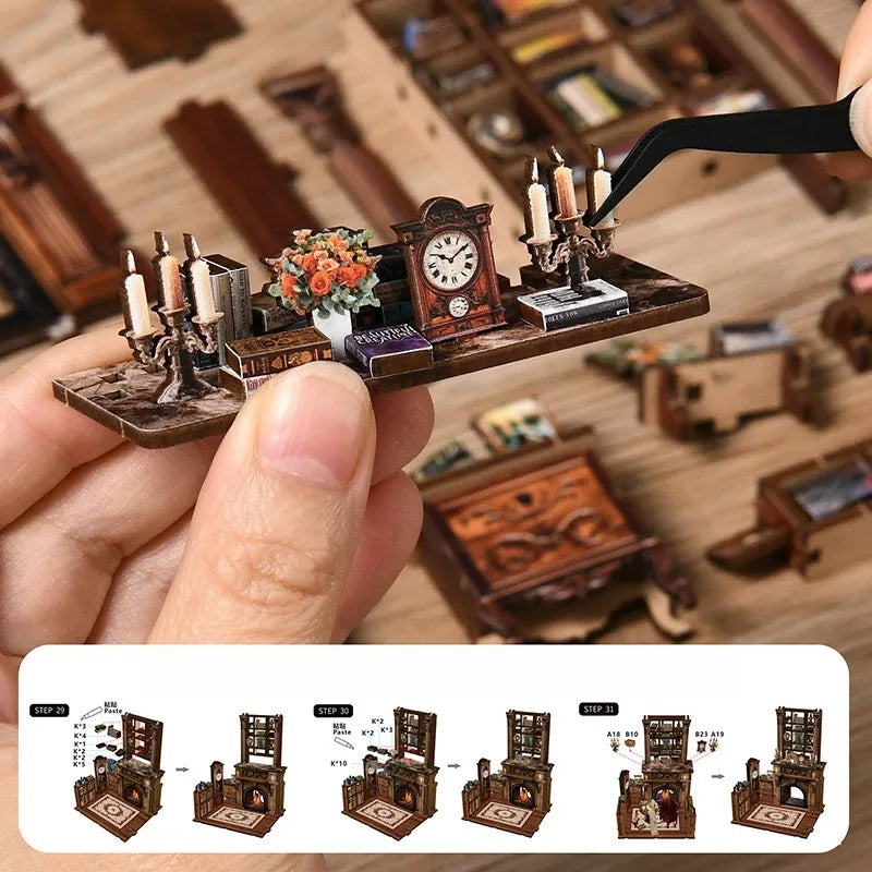 Book Nook - Twilight Library, un kit créatif pour construire un diorama miniature. Parfait pour décorer une bibliothèque ou comme cadeau original pour un amoureux des livres. Par Nookette.