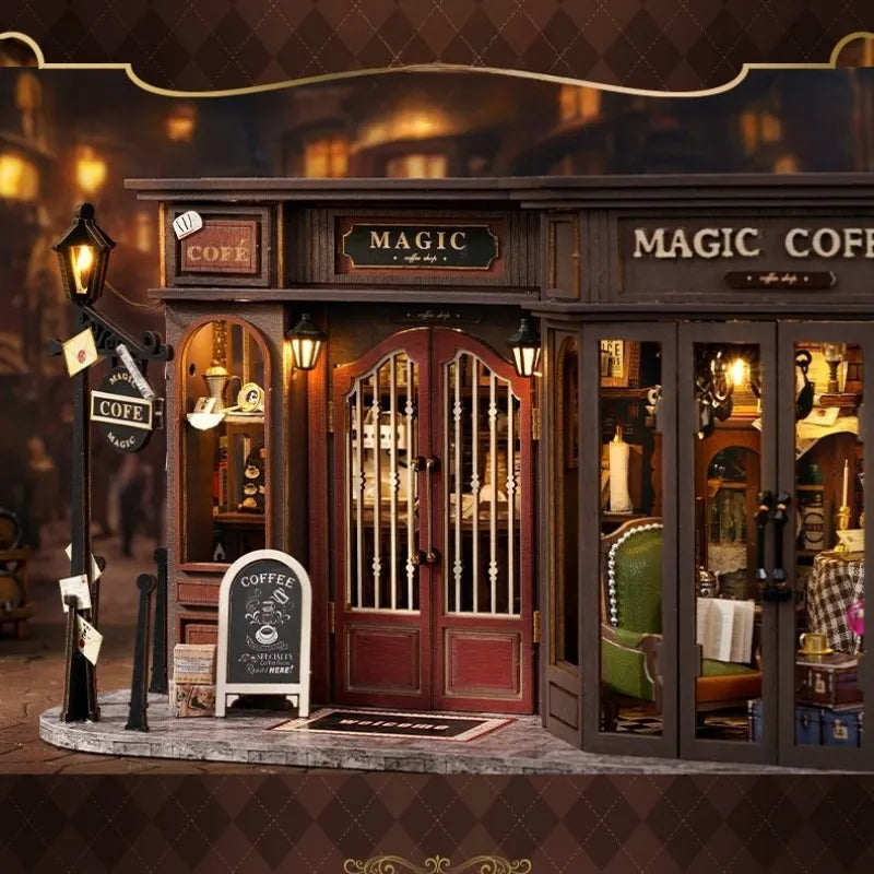 Maison Miniature - Vintage Coffee Shop, un kit créatif pour construire un diorama miniature. Parfait pour décorer une bibliothèque ou comme cadeau original pour un amoureux des livres. Par Nookette.