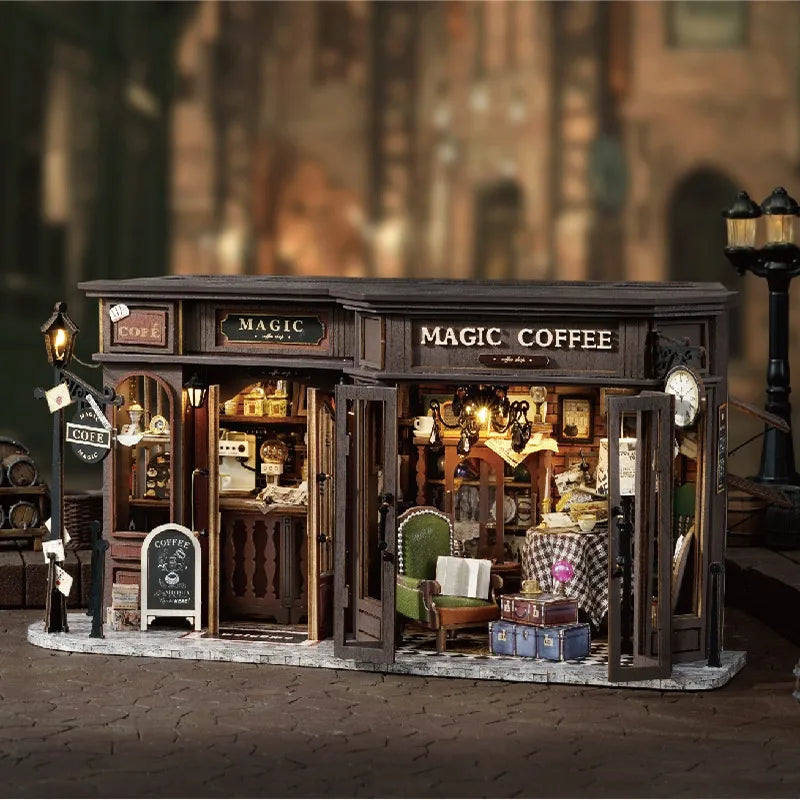 Maison Miniature - Vintage Coffee Shop, un kit créatif pour construire un diorama miniature. Parfait pour décorer une bibliothèque ou comme cadeau original pour un amoureux des livres. Par Nookette.