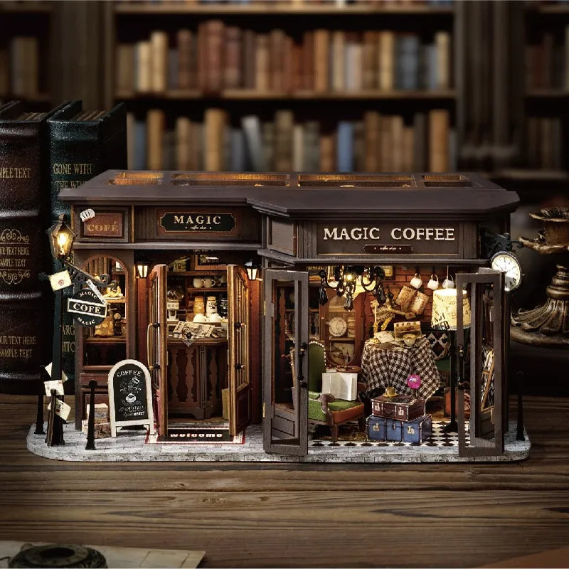 Maison Miniature - Vintage Coffee Shop, un kit créatif pour construire un diorama miniature. Parfait pour décorer une bibliothèque ou comme cadeau original pour un amoureux des livres. Par Nookette.