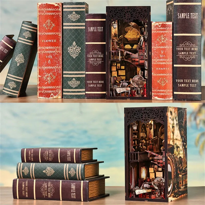 Book Nook - Voyage Memories, un kit créatif pour construire un diorama miniature. Parfait pour décorer une bibliothèque ou comme cadeau original pour un amoureux des livres. Par Nookette.