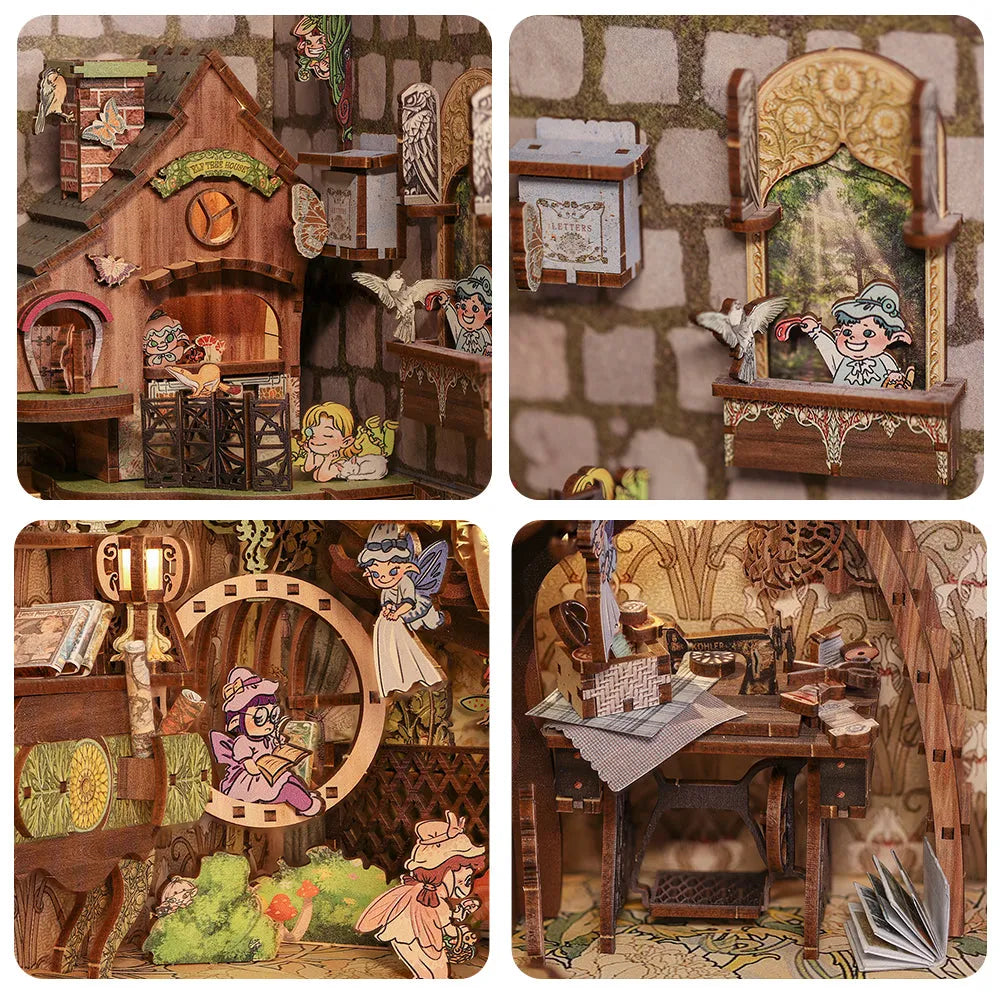 Book Nooks - Elves Paradise, un kit créatif pour construire un diorama miniature. Parfait pour décorer une bibliothèque ou comme cadeau original pour un amoureux des livres. Par Nookette.