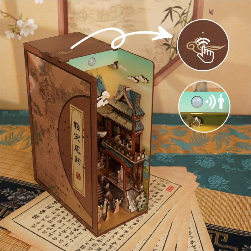 Book Nook - Song Dynasty Culture, un kit créatif pour construire un diorama miniature. Parfait pour décorer une bibliothèque ou comme cadeau original pour un amoureux des livres. Par Nookette.