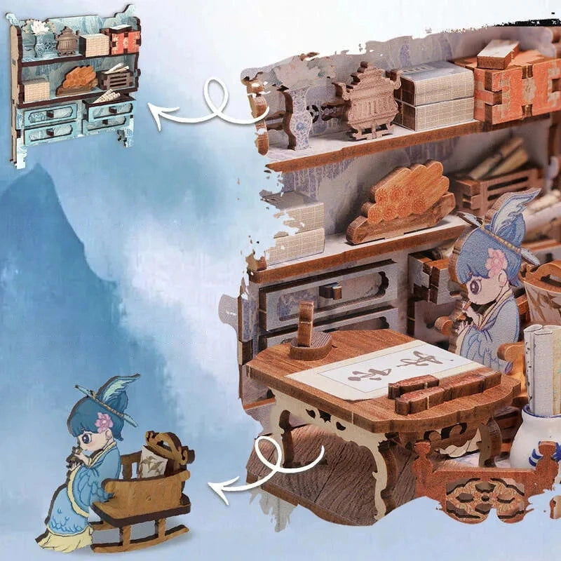 Booknooks | Azure Phoenix Lodge, un kit créatif pour construire un diorama miniature. Parfait pour décorer une bibliothèque ou comme cadeau original pour un amoureux des livres. Par Nookette.