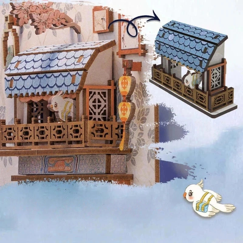 Booknooks | Azure Phoenix Lodge, un kit créatif pour construire un diorama miniature. Parfait pour décorer une bibliothèque ou comme cadeau original pour un amoureux des livres. Par Nookette.
