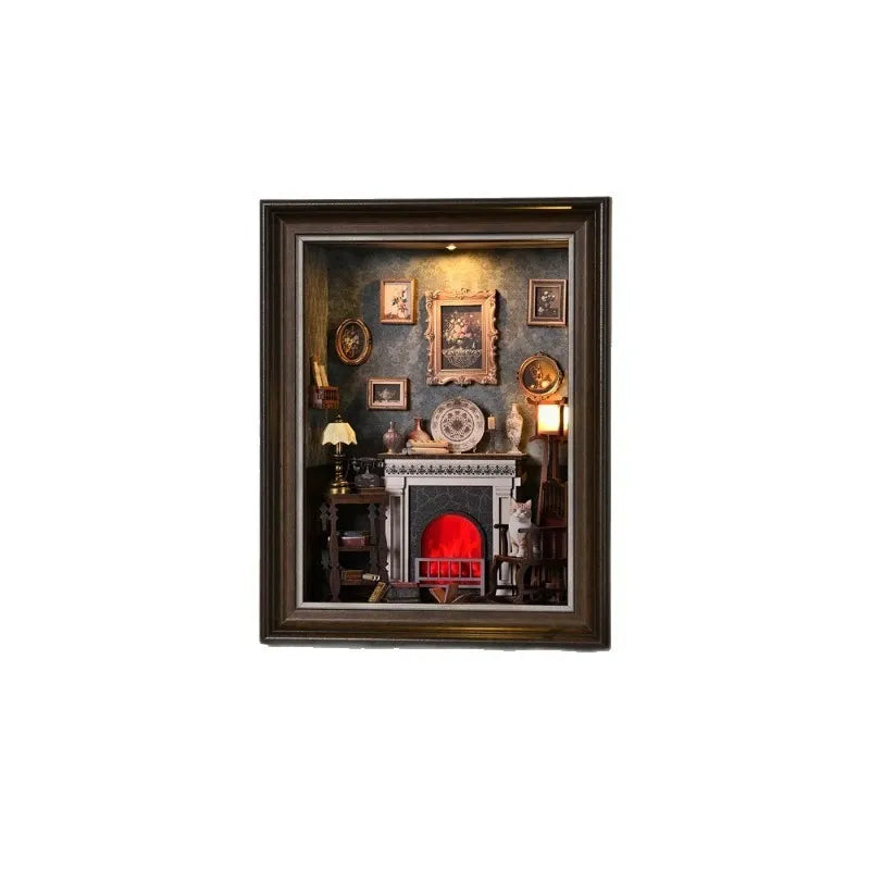 Kit DIY Cadre 3D – Maison avec Cheminée | Diorama Miniature à Assembler, un kit créatif pour construire un diorama miniature. Parfait pour décorer une bibliothèque ou comme cadeau original pour un amoureux des livres. Par Nookette.