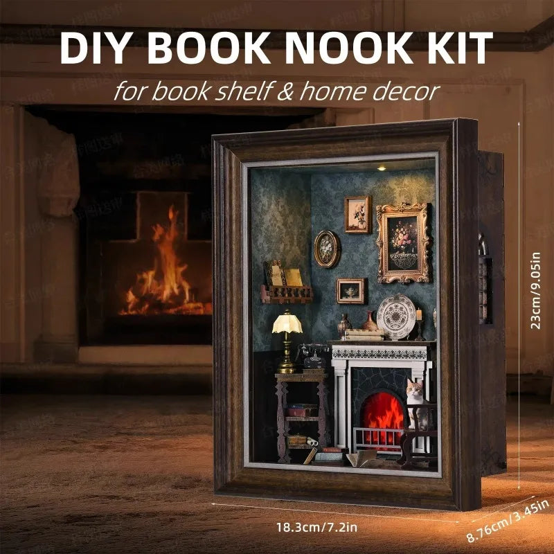 Kit DIY Cadre 3D – Maison avec Cheminée | Diorama Miniature à Assembler, un kit créatif pour construire un diorama miniature. Parfait pour décorer une bibliothèque ou comme cadeau original pour un amoureux des livres. Par Nookette.