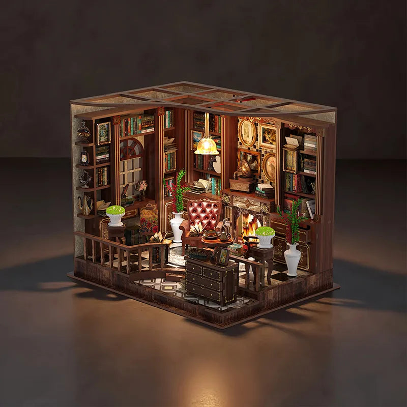 Maison Miniature - Left Bank Study, un kit créatif pour construire un diorama miniature. Parfait pour décorer une bibliothèque ou comme cadeau original pour un amoureux des livres. Par Nookette.