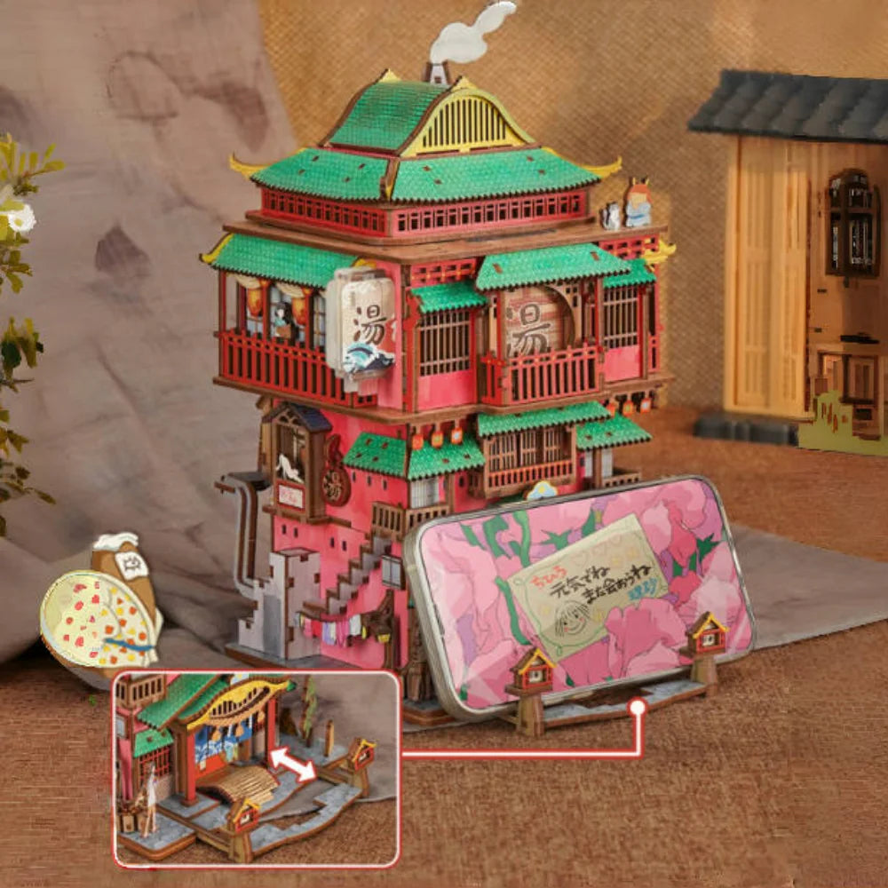 Maison Miniature - Onsen Saga, un kit créatif pour construire un diorama miniature. Parfait pour décorer une bibliothèque ou comme cadeau original pour un amoureux des livres. Par Nookette.