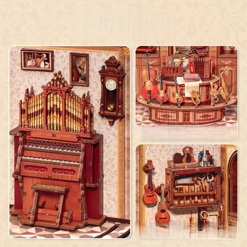 Maison Miniature - Bach Strings, un kit créatif pour construire un diorama miniature. Parfait pour décorer une bibliothèque ou comme cadeau original pour un amoureux des livres. Par Nookette.