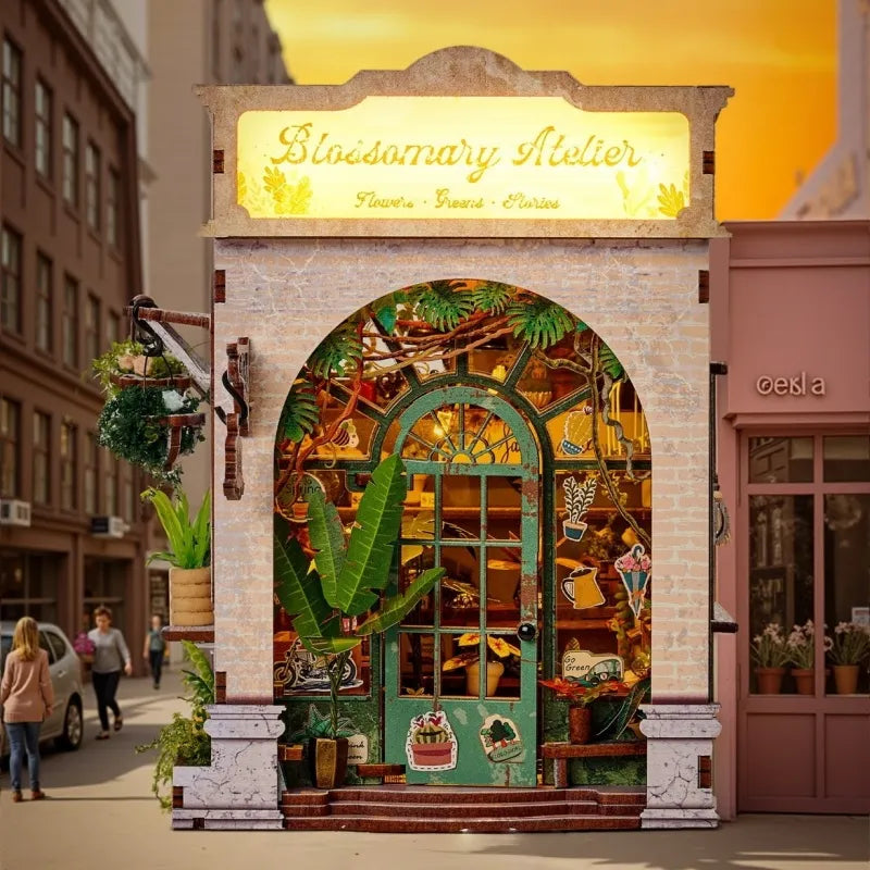 Maison Miniature - Blossomary Atelier, un kit créatif pour construire un diorama miniature. Parfait pour décorer une bibliothèque ou comme cadeau original pour un amoureux des livres. Par Nookette.