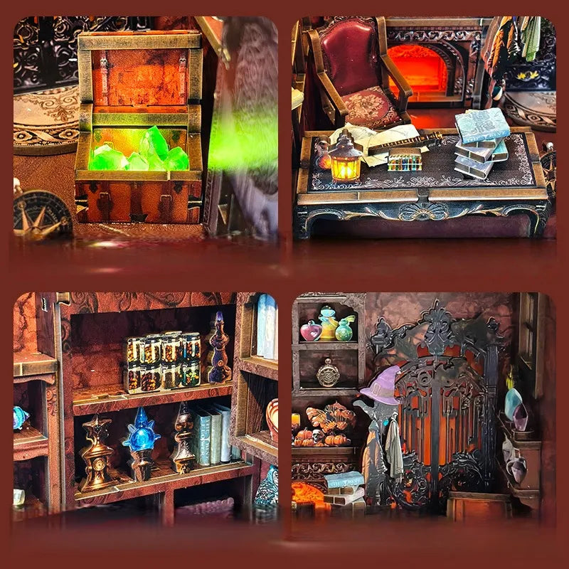 Maison Miniature - Dark Cabin, un kit créatif pour construire un diorama miniature. Parfait pour décorer une bibliothèque ou comme cadeau original pour un amoureux des livres. Par Nookette.