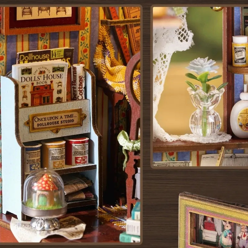 Maison Miniature - Dollhouse Shop, un kit créatif pour construire un diorama miniature. Parfait pour décorer une bibliothèque ou comme cadeau original pour un amoureux des livres. Par Nookette.