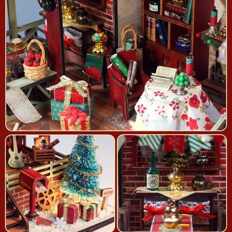 Maison Miniature - Warm Christmas Lodge, un kit créatif pour construire un diorama miniature. Parfait pour décorer une bibliothèque ou comme cadeau original pour un amoureux des livres. Par Nookette.
