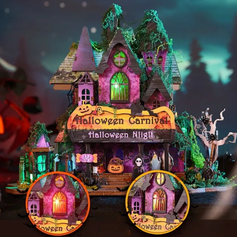 Maison Miniature - Halloween Night, un kit créatif pour construire un diorama miniature. Parfait pour décorer une bibliothèque ou comme cadeau original pour un amoureux des livres. Par Nookette.