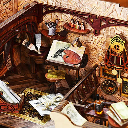 Book Nook - Painter's Day At Dusk, un kit créatif pour construire un diorama miniature. Parfait pour décorer une bibliothèque ou comme cadeau original pour un amoureux des livres. Par Nookette.