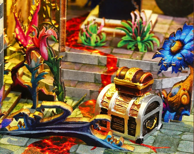 La boîte est entourée de fleurs et de plantes exotiques