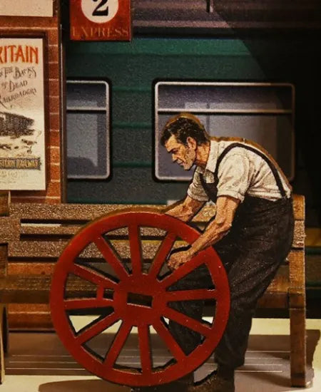 Vue détaillée d'un élément décoratif du Book Nook - Train Repair Station avec des détails fins