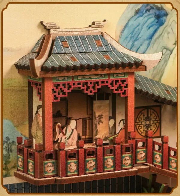 Poètes récitant des poèmes et dégustant du thé dans le pavillon