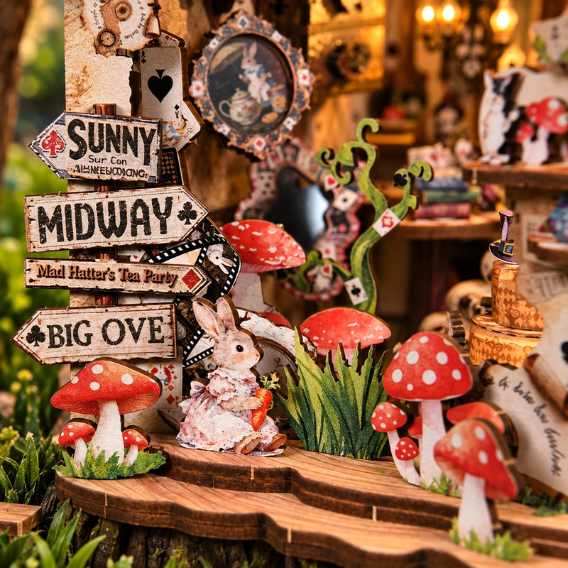 Le lapin, les champignons et les panneaux du chemin