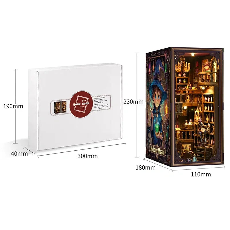 Book Nook - Alchemy Master, un kit créatif pour construire un diorama miniature. Parfait pour décorer une bibliothèque ou comme cadeau original pour un amoureux des livres. Par Nookette.