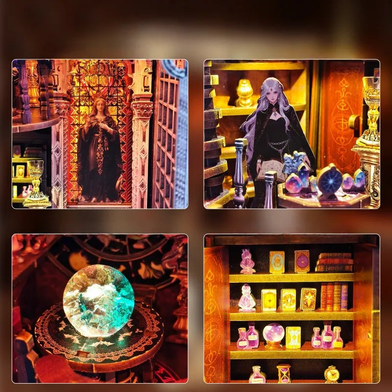 Book Nook - Tarot Divination Association, un kit créatif pour construire un diorama miniature. Parfait pour décorer une bibliothèque ou comme cadeau original pour un amoureux des livres. Par Nookette.