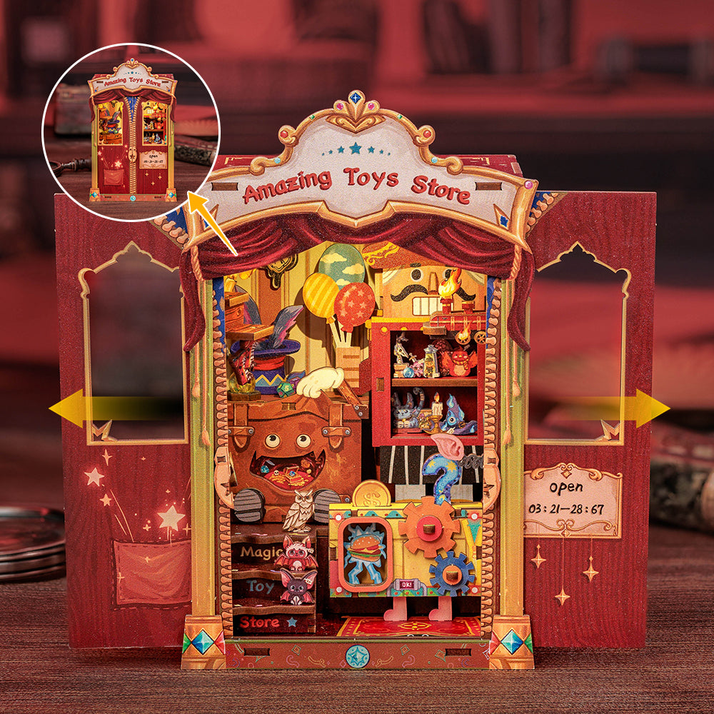 Book Nook - Amazing Toys Store, un kit créatif pour construire un diorama miniature. Parfait pour décorer une bibliothèque ou comme cadeau original pour un amoureux des livres. Par Nookette.