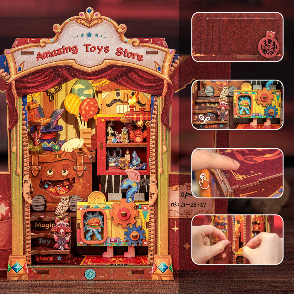 Book Nook - Amazing Toys Store, un kit créatif pour construire un diorama miniature. Parfait pour décorer une bibliothèque ou comme cadeau original pour un amoureux des livres. Par Nookette.