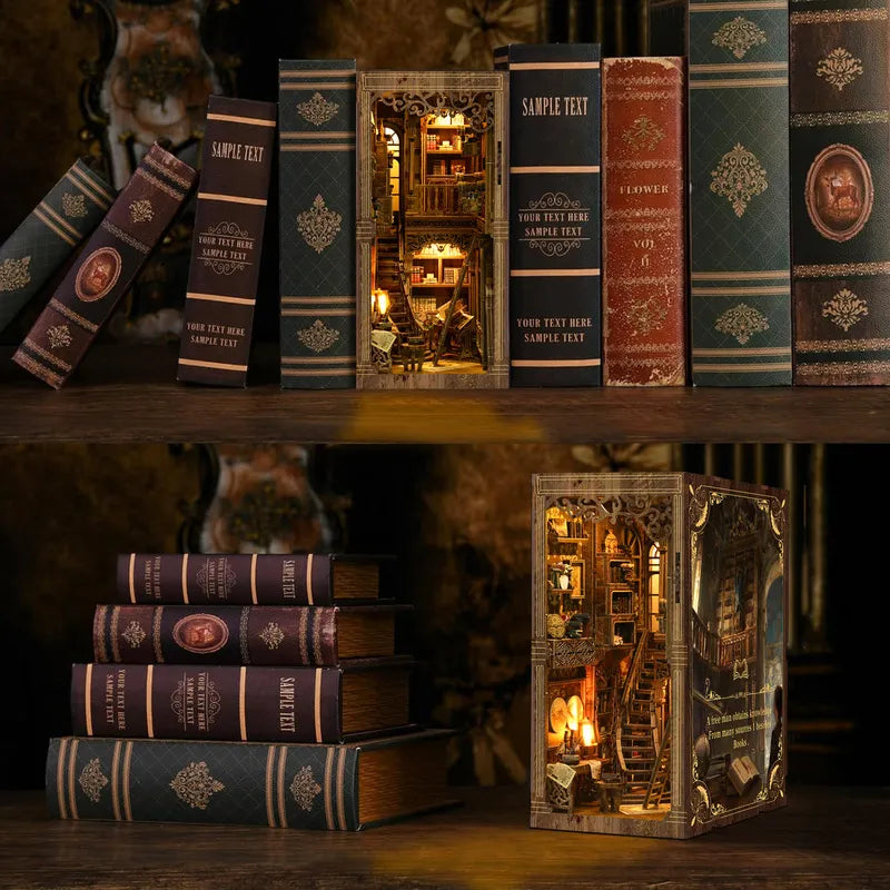 Book Nook - Ancient Book Room, un kit créatif pour construire un diorama miniature. Parfait pour décorer une bibliothèque ou comme cadeau original pour un amoureux des livres. Par Nookette.