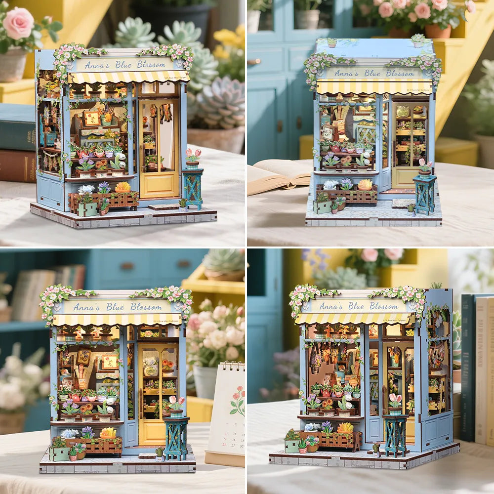 Book Nook - Anna's Blue Blossom, un kit créatif pour construire un diorama miniature. Parfait pour décorer une bibliothèque ou comme cadeau original pour un amoureux des livres. Par Nookette.