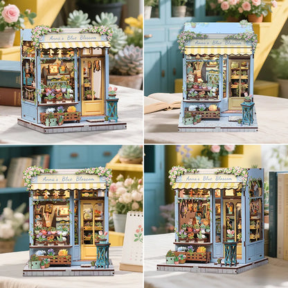 Book Nook - Anna's Blue Blossom, un kit créatif pour construire un diorama miniature. Parfait pour décorer une bibliothèque ou comme cadeau original pour un amoureux des livres. Par Nookette.