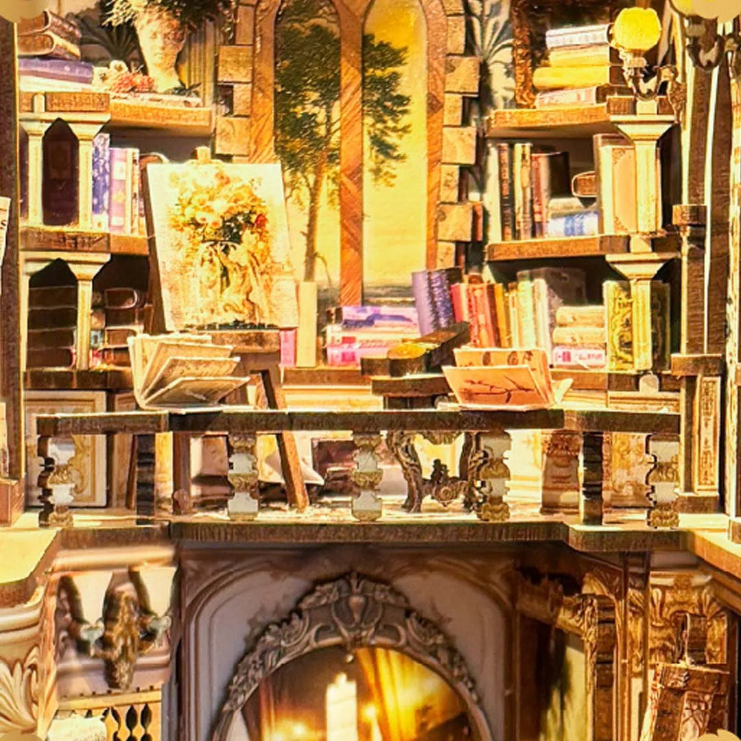 Book Nook - Gorgeous Manor, un kit créatif pour construire un diorama miniature. Parfait pour décorer une bibliothèque ou comme cadeau original pour un amoureux des livres. Par Nookette.