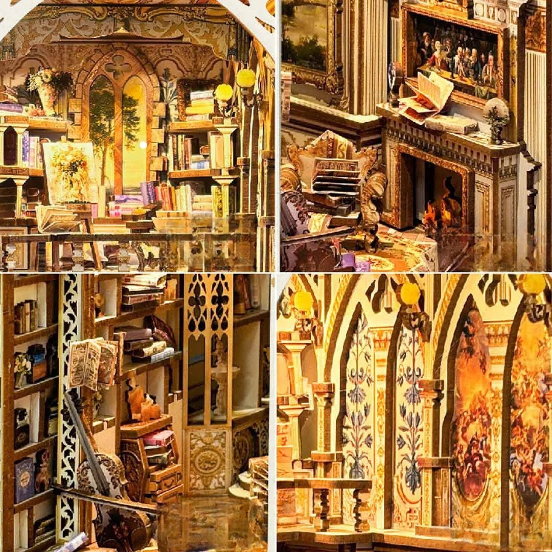 Book Nook - Gorgeous Manor, un kit créatif pour construire un diorama miniature. Parfait pour décorer une bibliothèque ou comme cadeau original pour un amoureux des livres. Par Nookette.