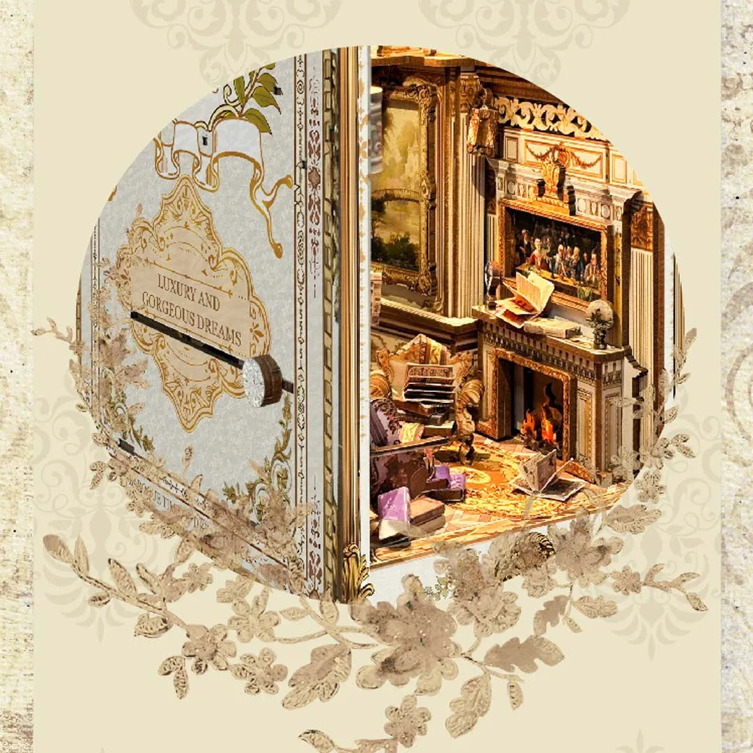 Book Nook - Gorgeous Manor, un kit créatif pour construire un diorama miniature. Parfait pour décorer une bibliothèque ou comme cadeau original pour un amoureux des livres. Par Nookette.