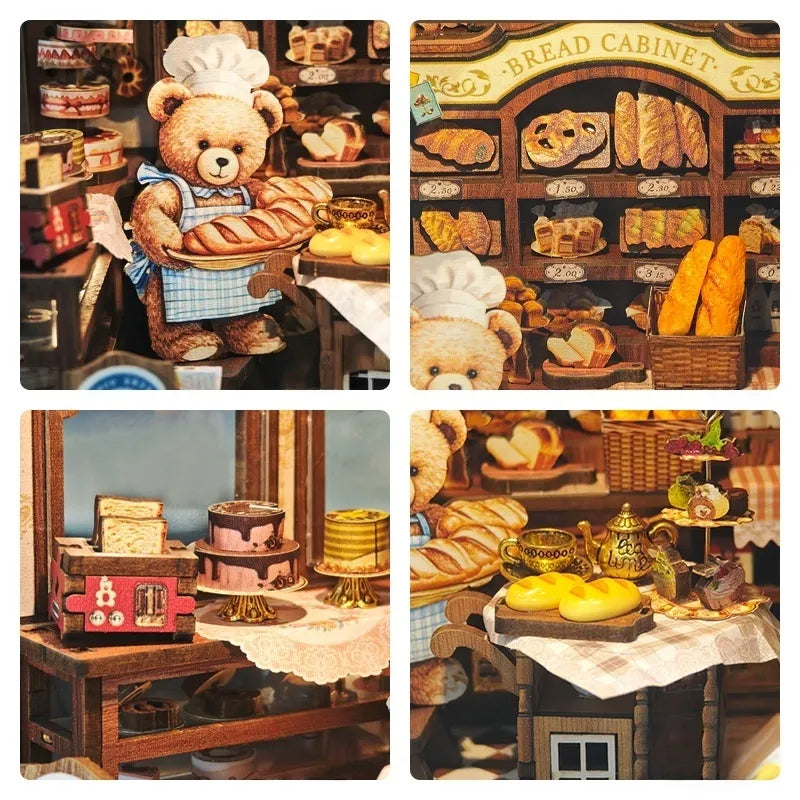 Book Nook - Bear Bakery, un kit créatif pour construire un diorama miniature. Parfait pour décorer une bibliothèque ou comme cadeau original pour un amoureux des livres. Par Nookette.