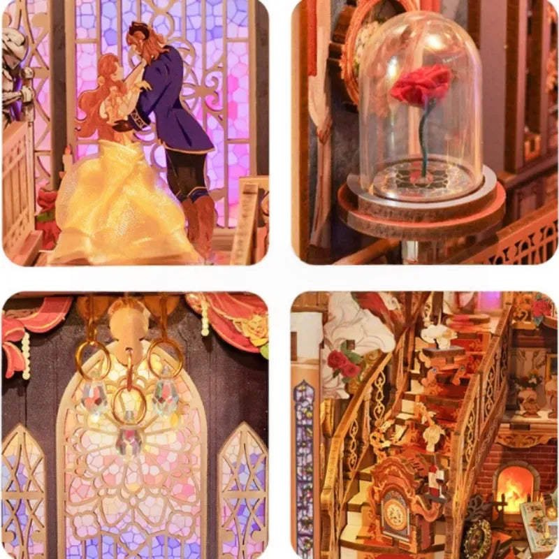 Book Nook - Beast And Beauty, un kit créatif pour construire un diorama miniature. Parfait pour décorer une bibliothèque ou comme cadeau original pour un amoureux des livres. Par Nookette.