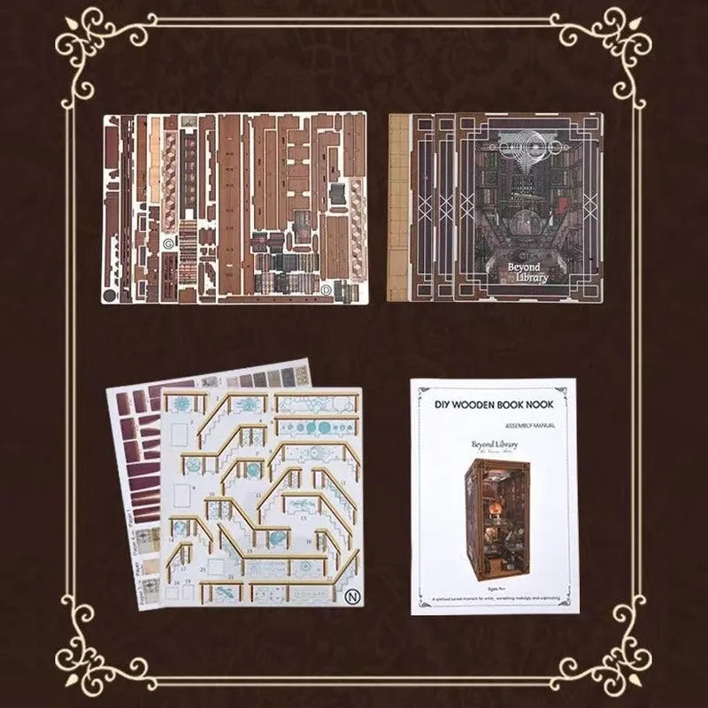 Book Nook - Beyond Library, un kit créatif pour construire un diorama miniature. Parfait pour décorer une bibliothèque ou comme cadeau original pour un amoureux des livres. Par Nookette.