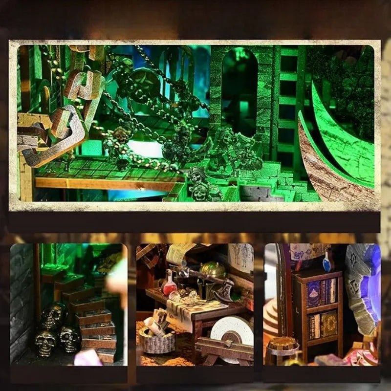 Book Nook - Blade and Magic, un kit créatif pour construire un diorama miniature. Parfait pour décorer une bibliothèque ou comme cadeau original pour un amoureux des livres. Par Nookette.