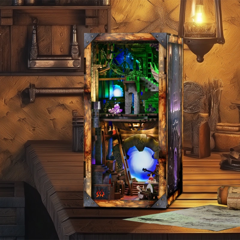 Book Nook - Blade and Magic, un kit créatif pour construire un diorama miniature. Parfait pour décorer une bibliothèque ou comme cadeau original pour un amoureux des livres. Par Nookette.