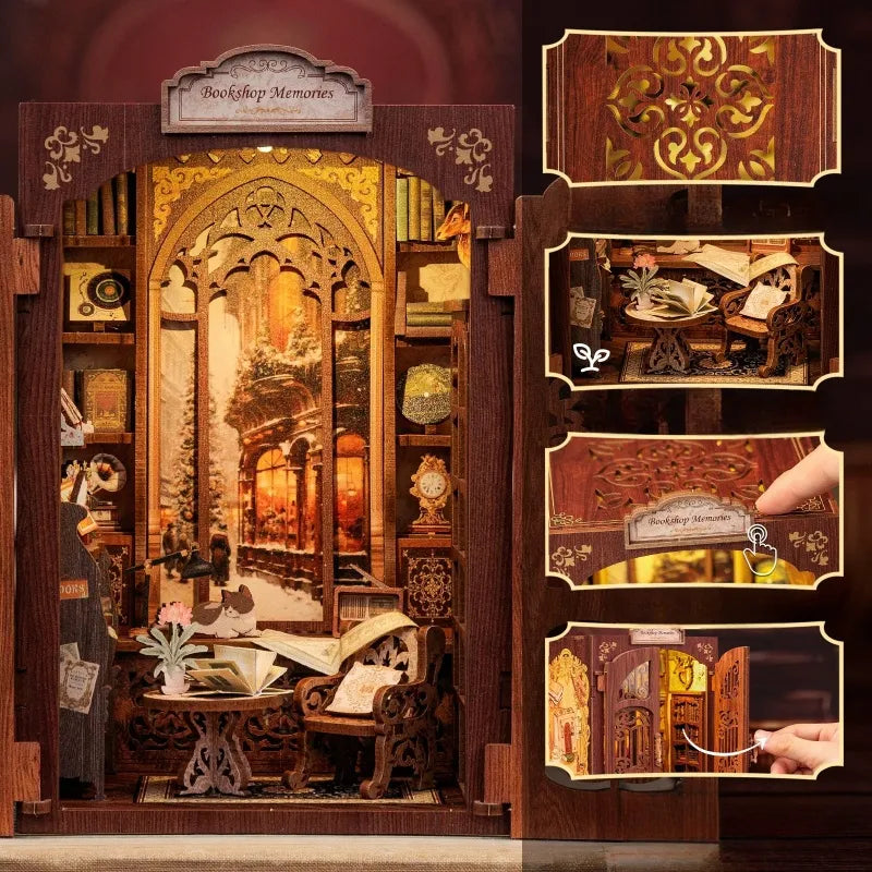 Book Nook - Bookshop Memories, un kit créatif pour construire un diorama miniature. Parfait pour décorer une bibliothèque ou comme cadeau original pour un amoureux des livres. Par Nookette.