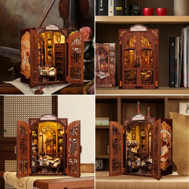 Book Nook - Bookshop Memories, un kit créatif pour construire un diorama miniature. Parfait pour décorer une bibliothèque ou comme cadeau original pour un amoureux des livres. Par Nookette.