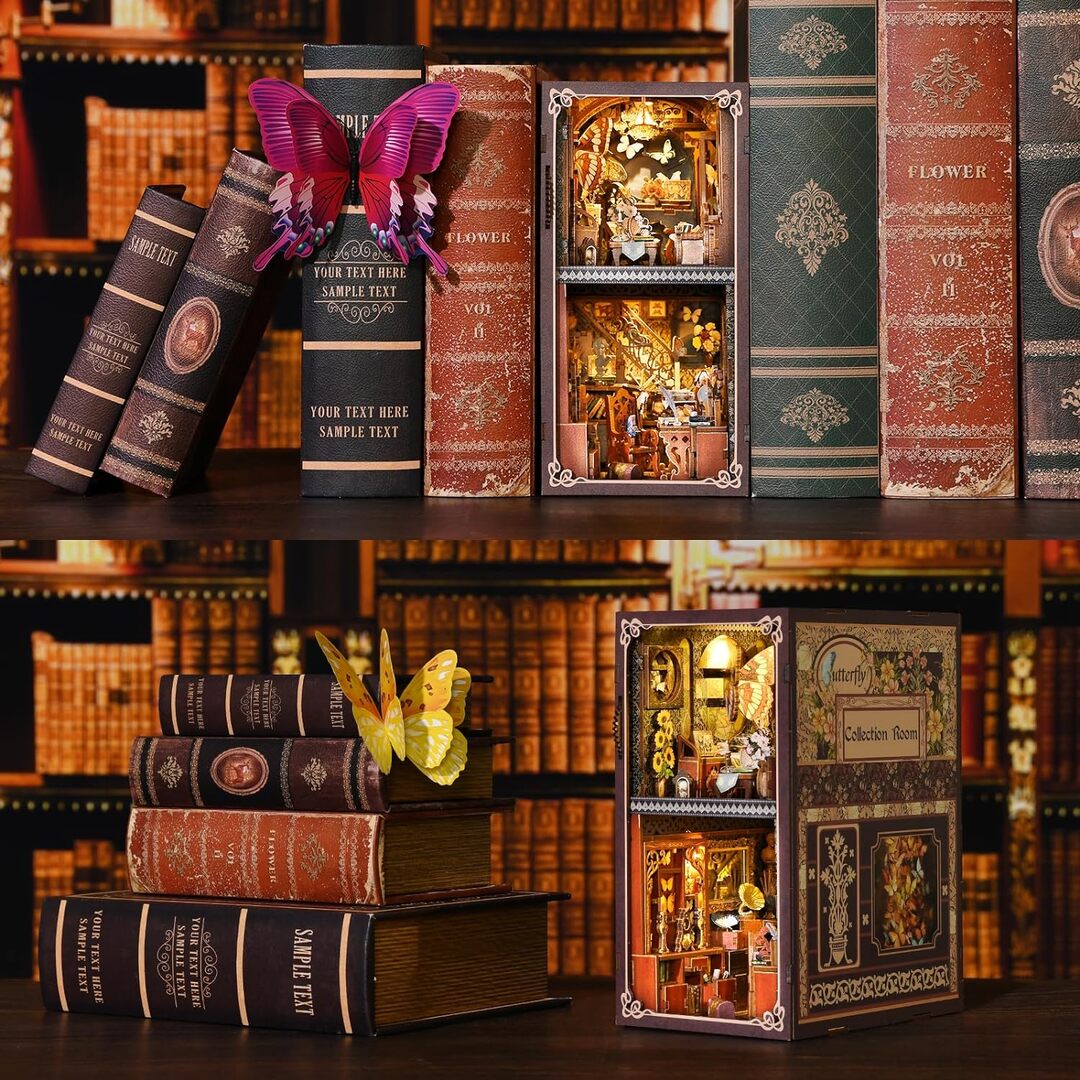 Booknook - Butterfly Collection Room, un kit créatif pour construire un diorama miniature. Parfait pour décorer une bibliothèque ou comme cadeau original pour un amoureux des livres. Par Nookette.
